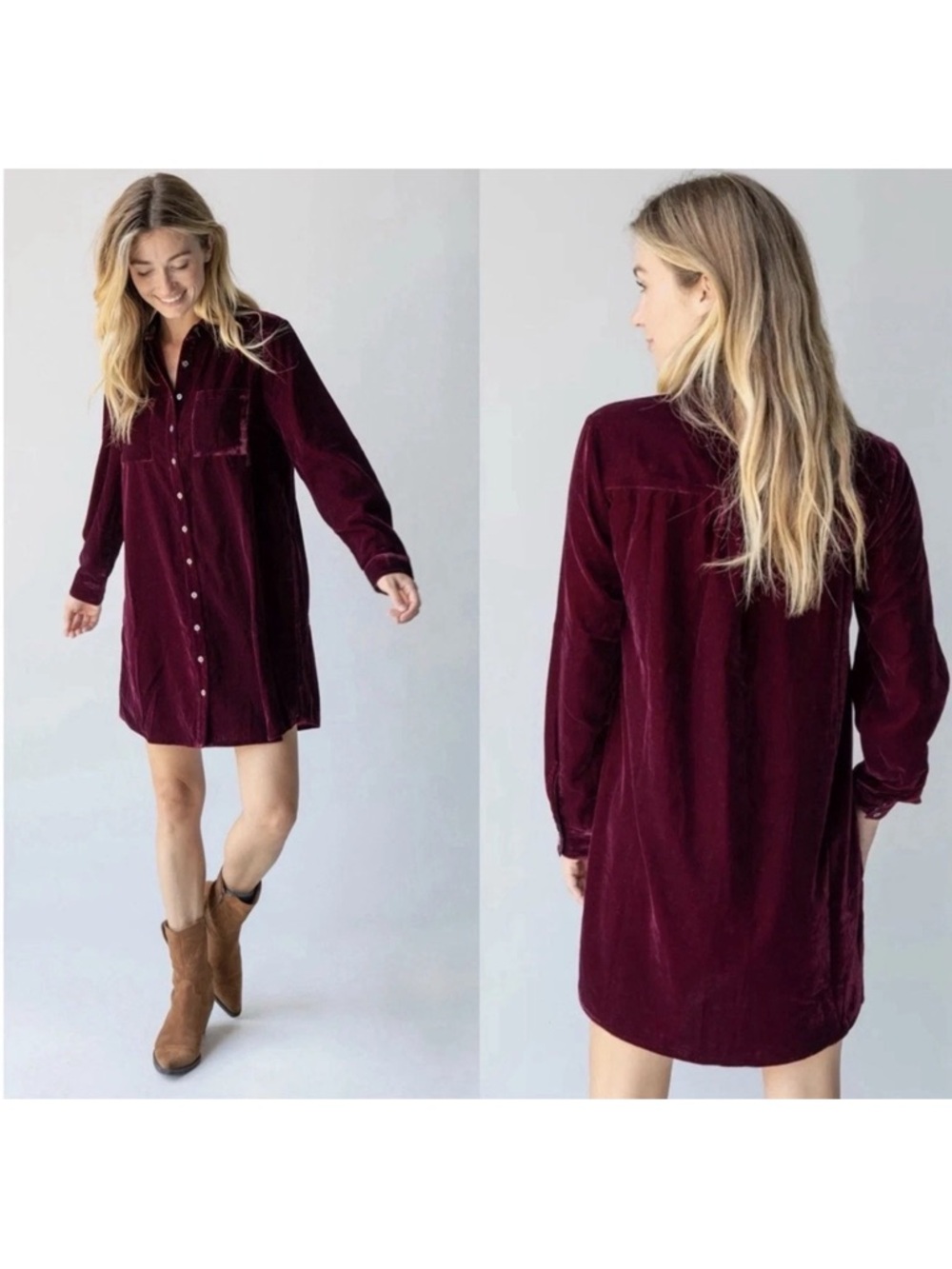 Natural Life Rocky Velvet Button Front Shirt Dress in Cranberry Sz M